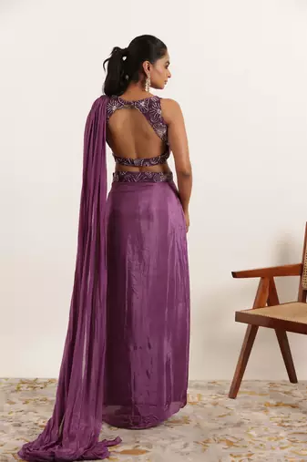 pre draped purple pure silk embroidered saree for women