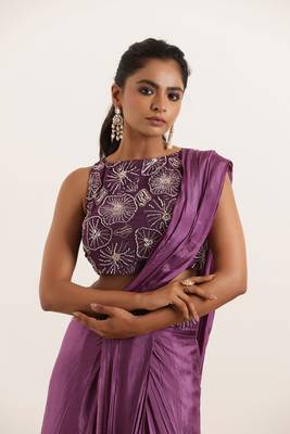 pre draped purple pure silk embroidered saree for women 5