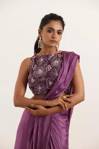 pre draped purple pure silk embroidered saree for women