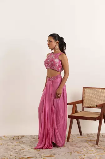 ready made mauve pink pure silk saree