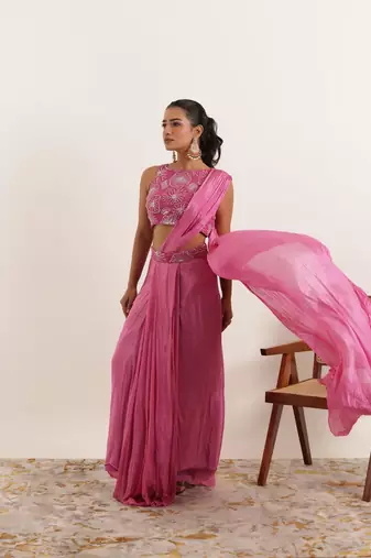 Mauve pink pure silk pre draped saree