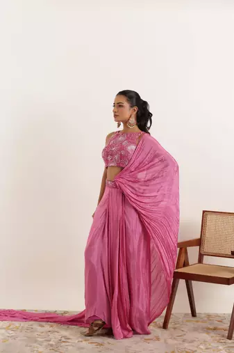 ready made mauve pink pure silk saree