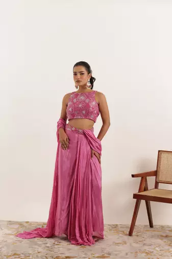 ready made mauve pink pure silk saree