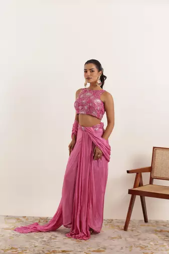 ready made mauve pink pure silk saree