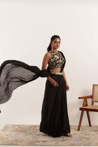 pre-stitched black pure silk saree