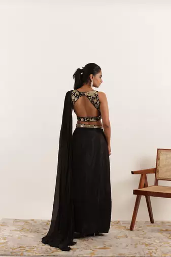 pre-stitched black pure silk saree