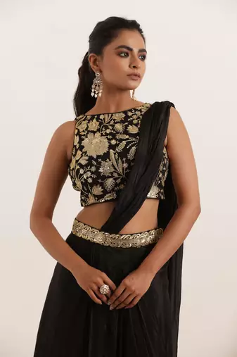 pre-stitched black pure silk saree