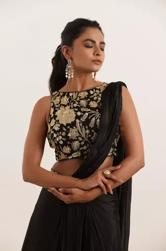 pre-stitched black pure silk saree