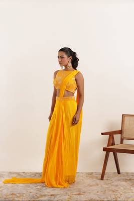 ready to wear yellow pure silk saree 1