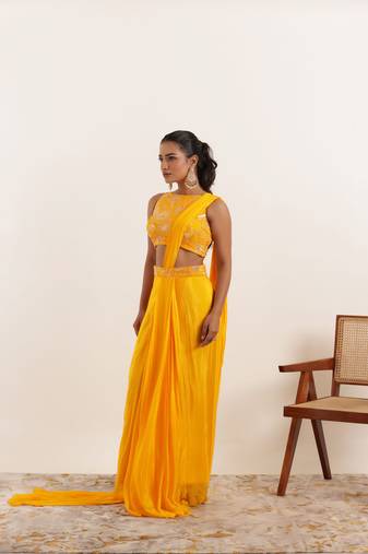 Yellow pure silk pre draped saree
