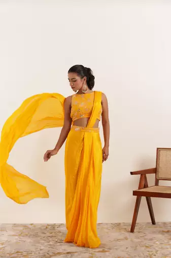 ready to wear yellow pure silk saree
