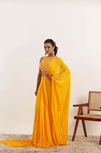 ready to wear yellow pure silk saree
