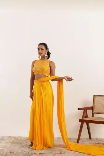 ready to wear yellow pure silk saree