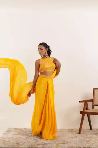 ready to wear yellow pure silk saree