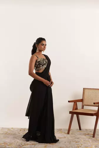 pre draped black ruffle saree