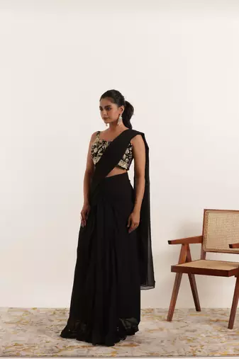 pre draped black ruffle saree