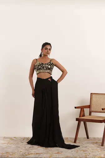 pre draped black ruffle saree