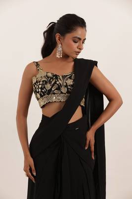 pre draped black ruffle saree 5