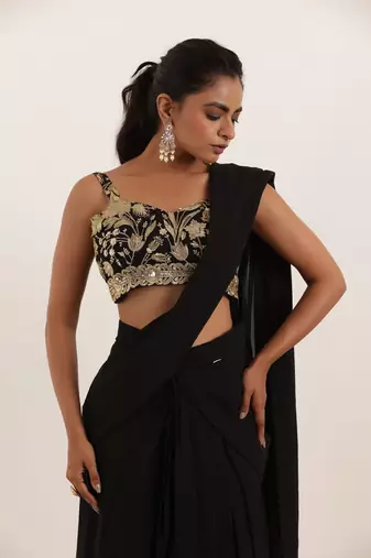 pre draped black ruffle saree