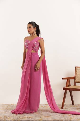 Mauve pink pre draped ruffle saree