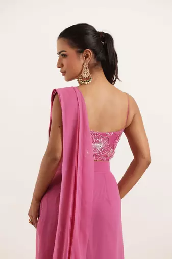 ready made mauve pink ruffle saree
