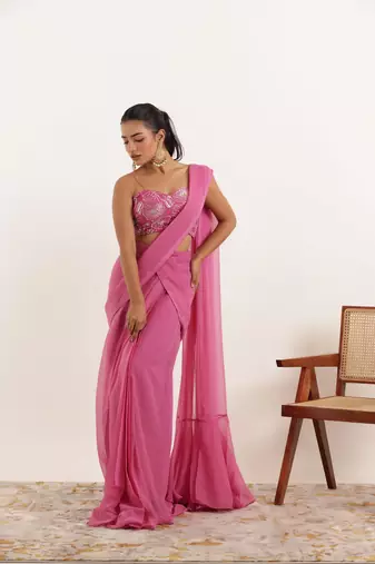 ready made mauve pink ruffle saree