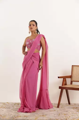 ready made mauve pink ruffle saree