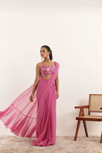 ready made mauve pink ruffle saree