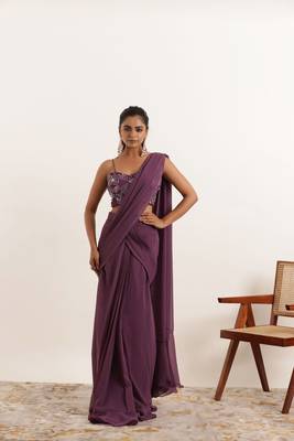 pre-stitched regal purple ruffle saree 1