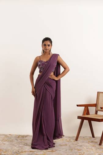 Regal purple pre draped ruffle saree