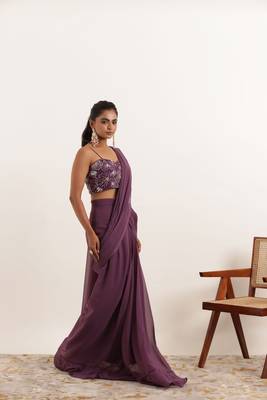 pre-stitched regal purple ruffle saree 2
