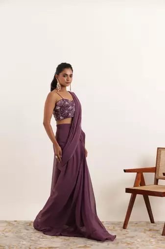 pre-stitched regal purple ruffle saree