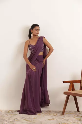 pre-stitched regal purple ruffle saree