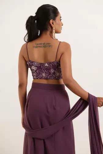 pre-stitched regal purple ruffle saree