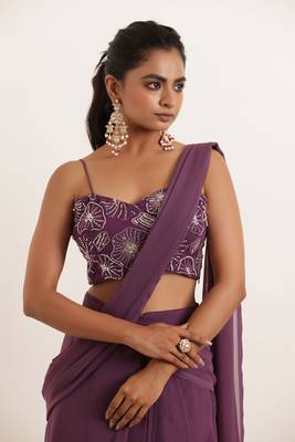 pre-stitched regal purple ruffle saree 5