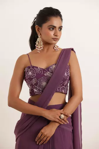 pre-stitched regal purple ruffle saree