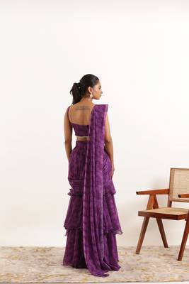 ready to wear purple floral printed ruffle saree 2