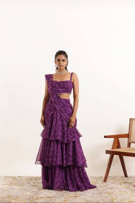 ready to wear purple floral printed ruffle saree 1