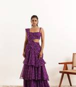 ready to wear purple floral printed ruffle  saree