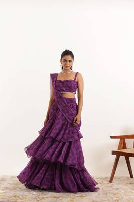 ready to wear purple floral printed ruffle saree 3