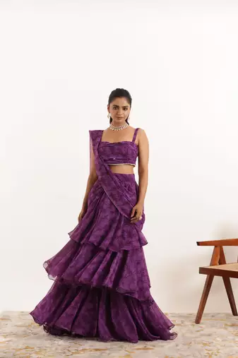 ready to wear purple floral printed ruffle saree