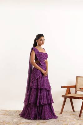 ready to wear purple floral printed ruffle saree 4