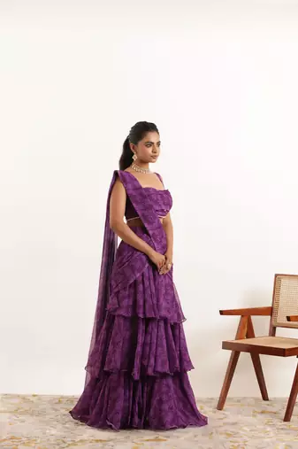 ready to wear purple floral printed ruffle saree