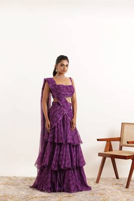 ready to wear purple floral printed ruffle saree 5