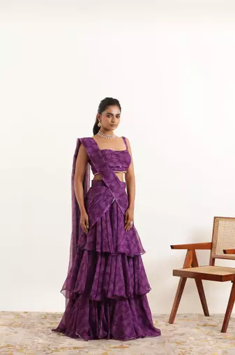 ready to wear purple floral printed ruffle saree
