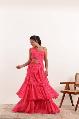 pre draped pink floral printed ruffle pre drpaed saree 1