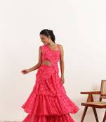 ready to wear pink floral printed ruffle pre drpaed saree