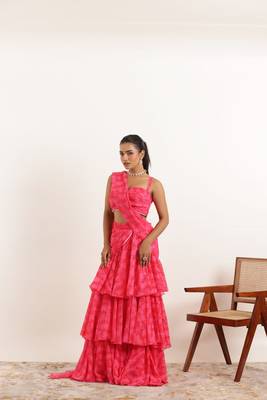 pre draped pink floral printed ruffle pre drpaed saree 2