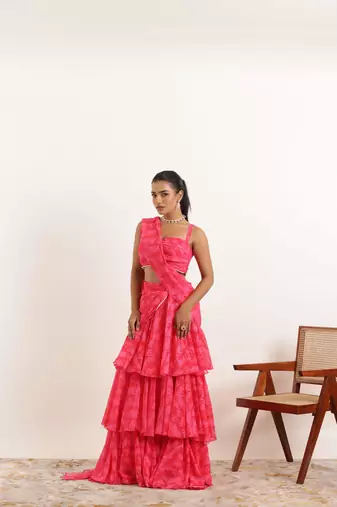 pre draped pink floral printed ruffle pre drpaed saree