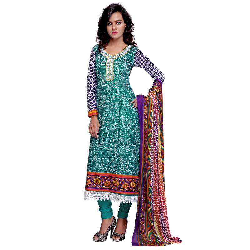 Firozi And Purple Cotton Unstitched Dress Material